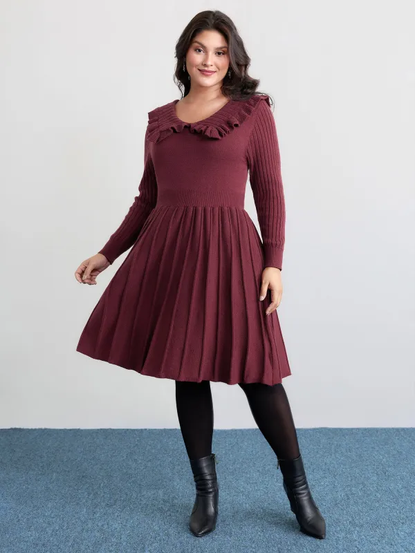Supersoft Ruffled Neckline Cinched-Waist Sweater Dress sold by Bloomchic