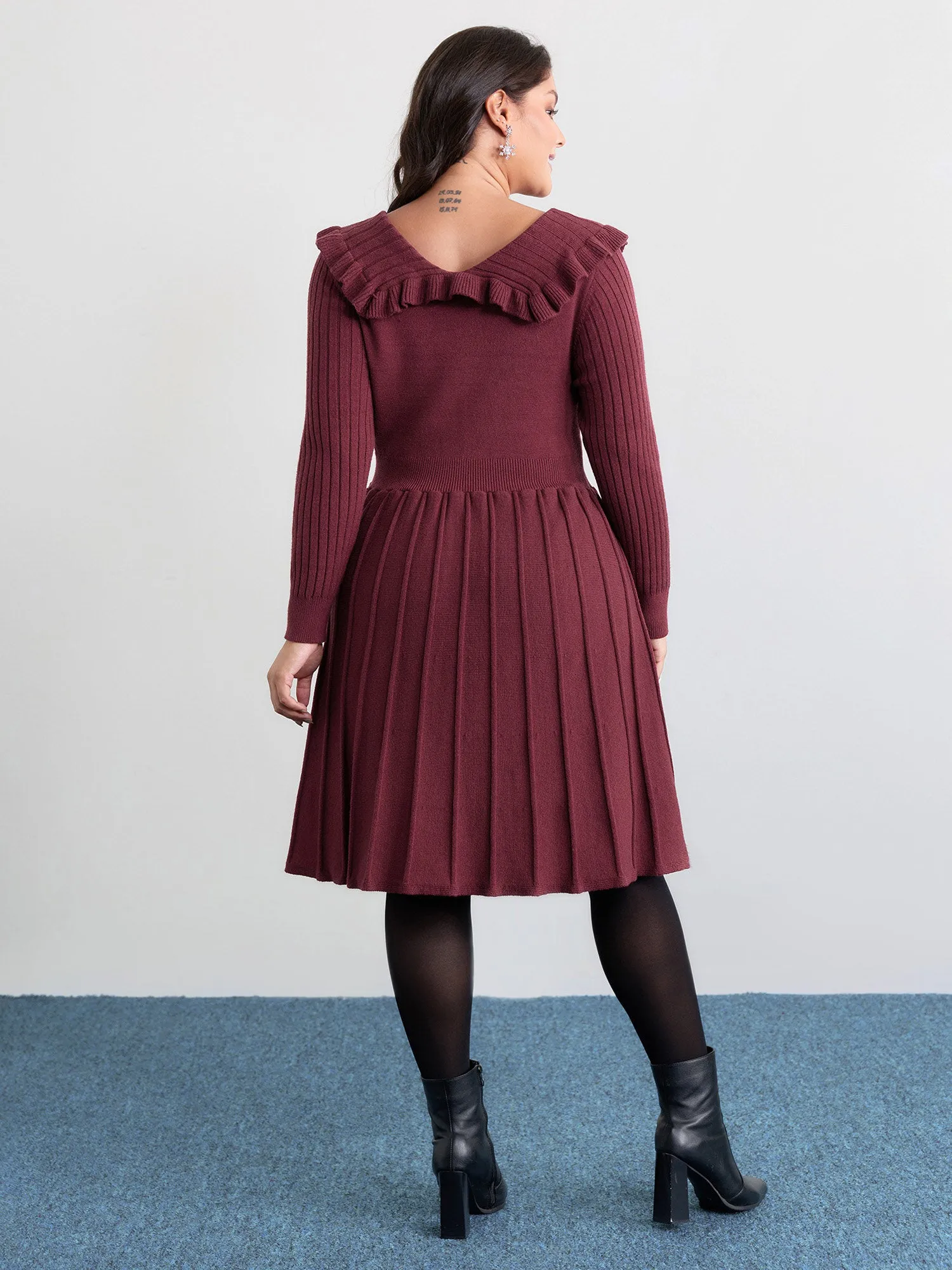 Supersoft Ruffled Neckline Cinched-Waist Sweater Dress sold by Bloomchic product image thumbnail 4