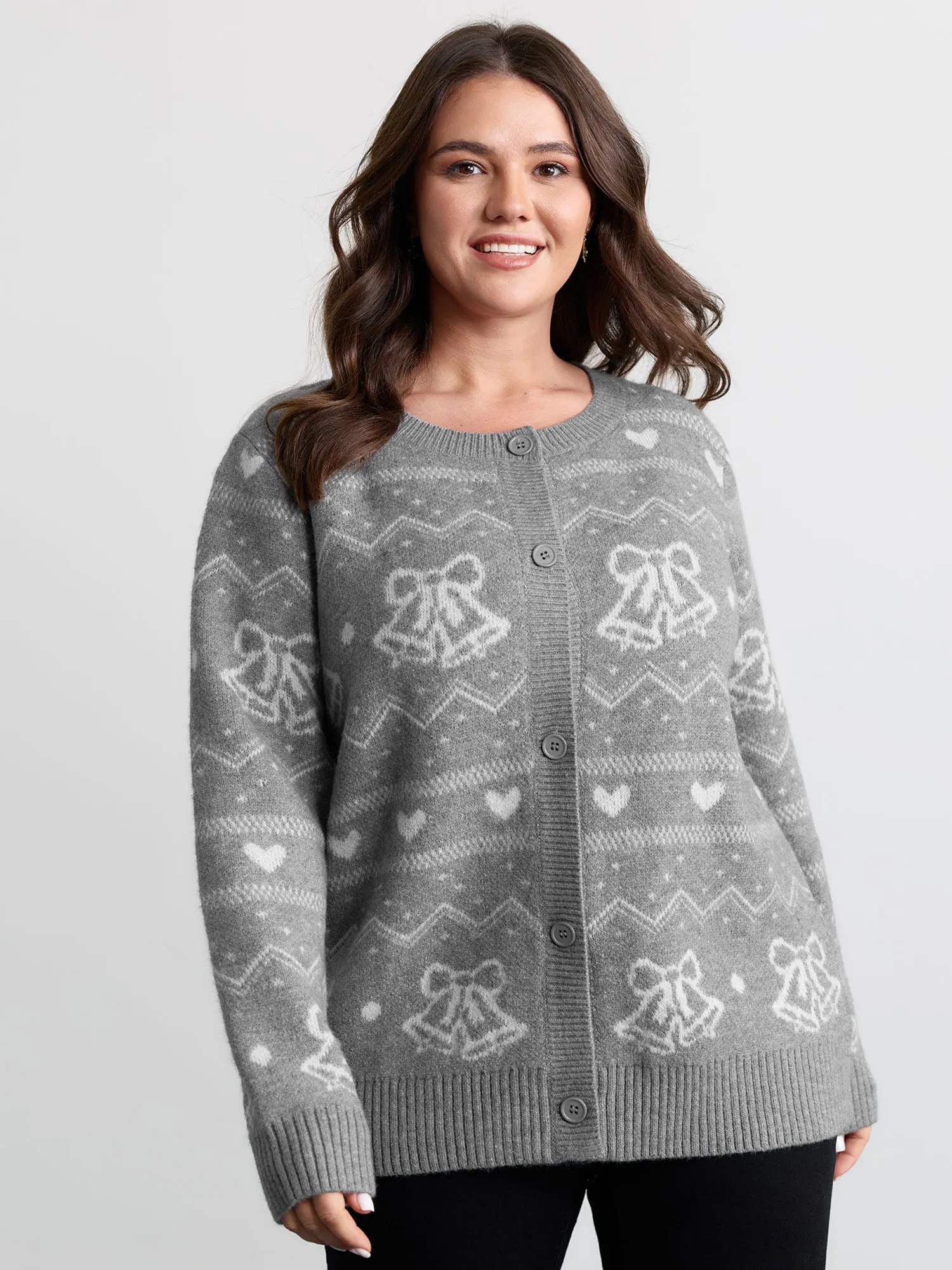 Supersoft Holiday Bells Jacquard Button Knit Cardigan sold by Bloomchic