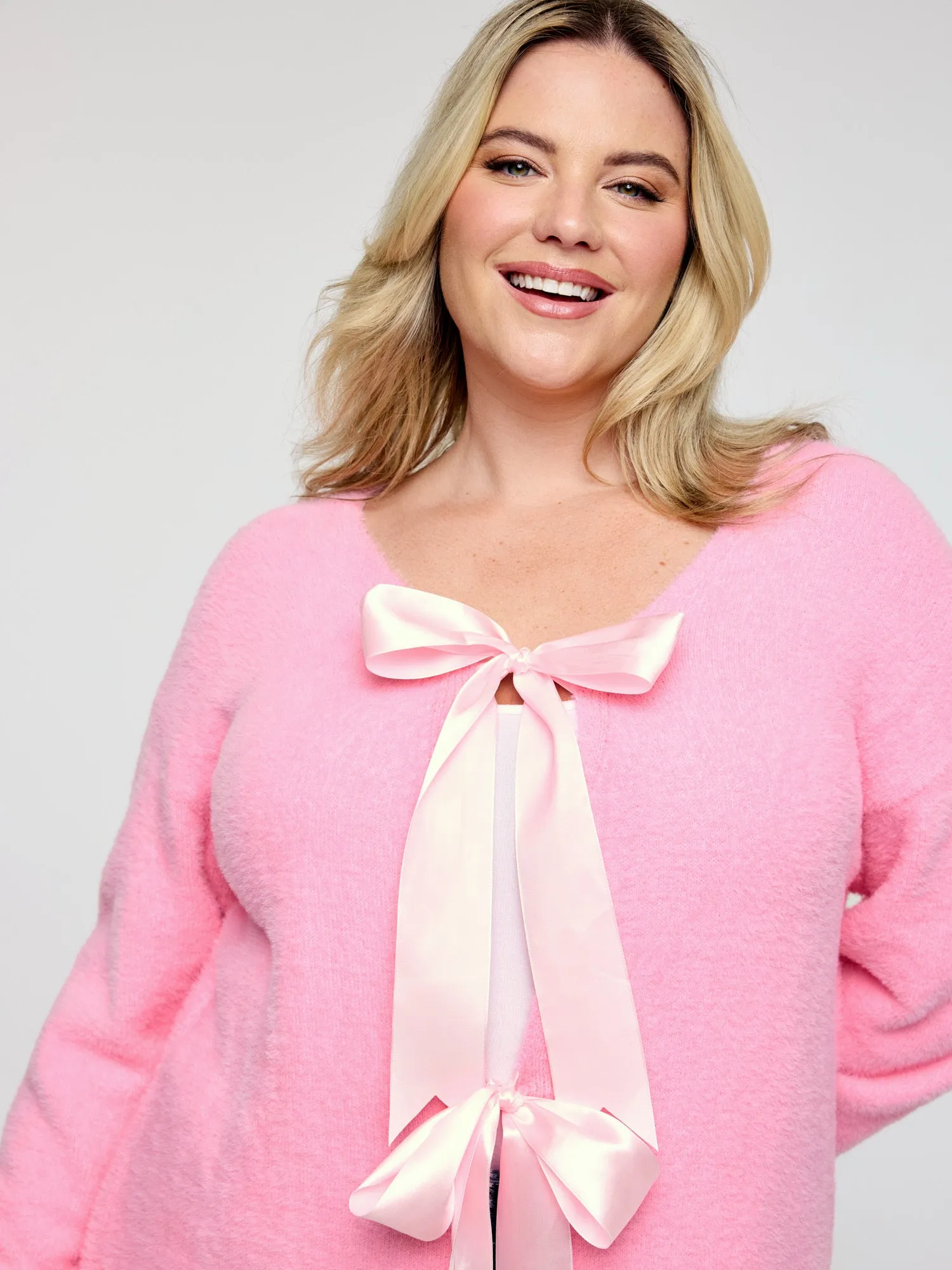 Fluffy Ribbon Bowtie Knit Cardigan sold by Bloomchic