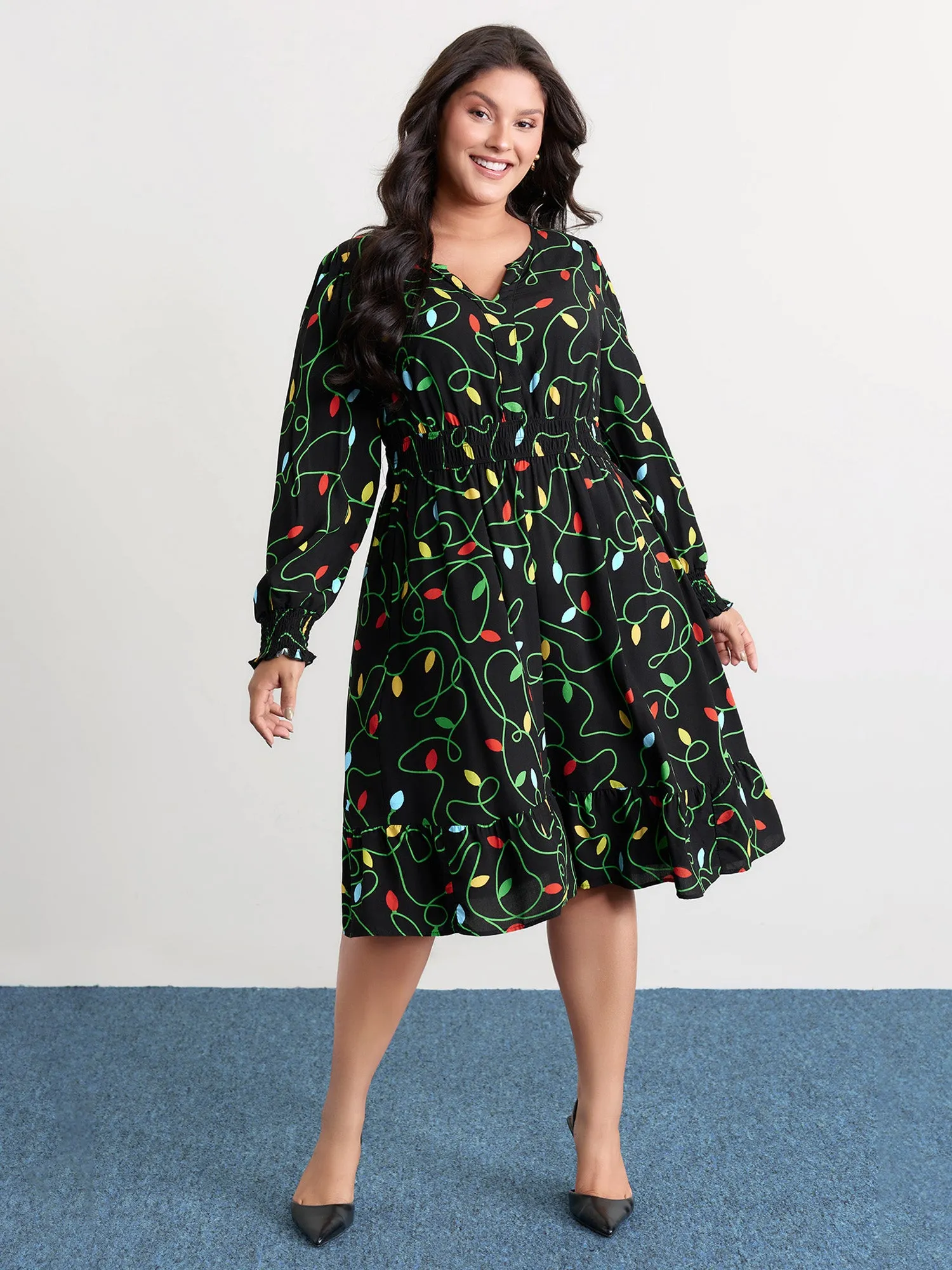 Holiday Lights Triple Elastic Waistband Midi Dress sold by Bloomchic