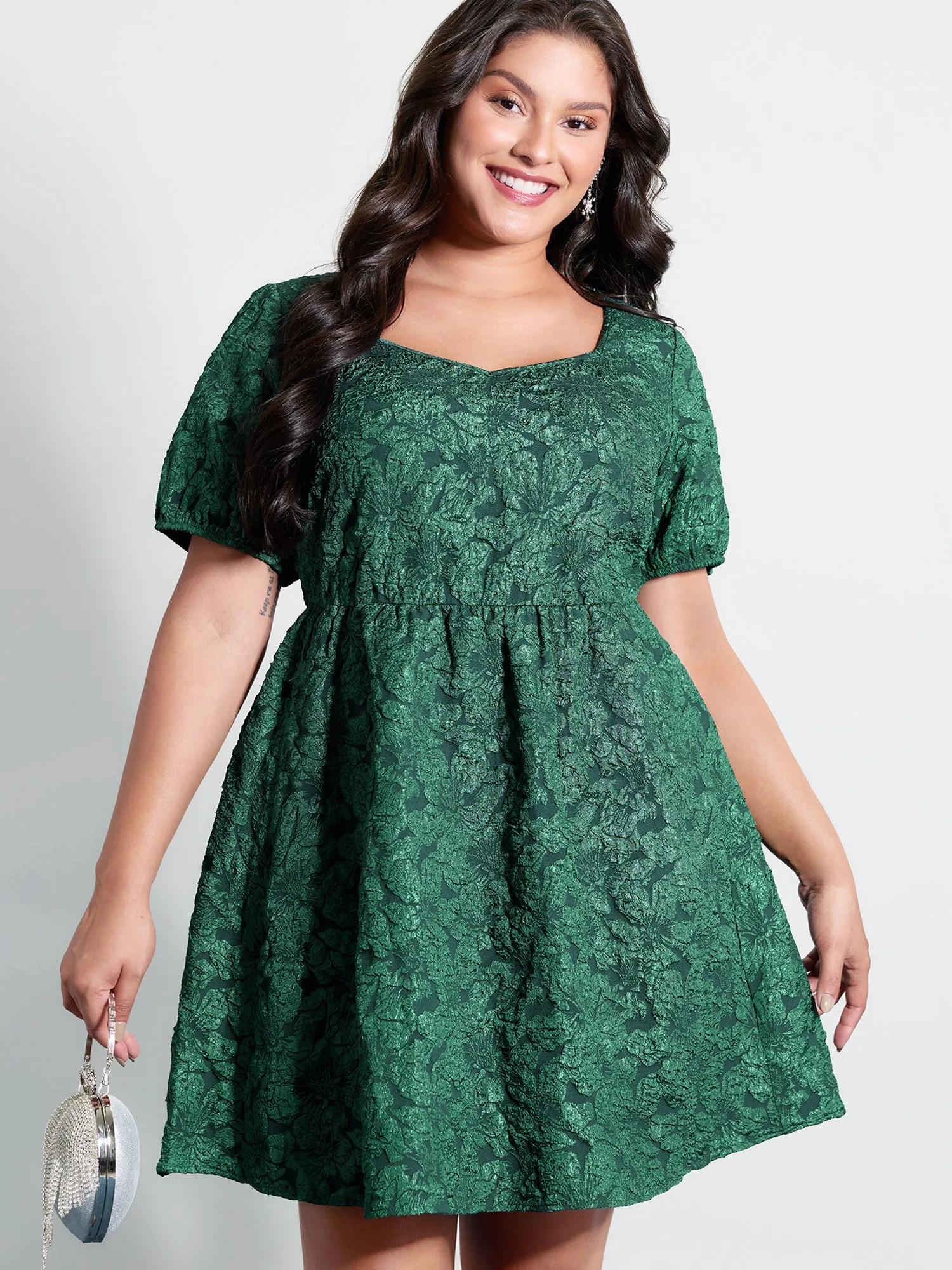 Textured Jacquard Puffy Sleeve Knee Dress sold by Bloomchic