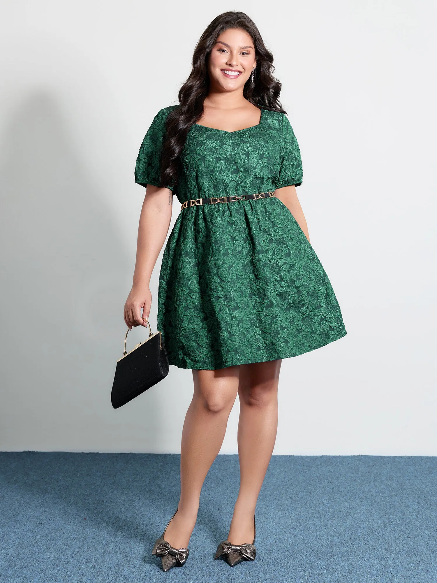 Textured Jacquard Puffy Sleeve Knee Dress sold by Bloomchic product image thumbnail 3