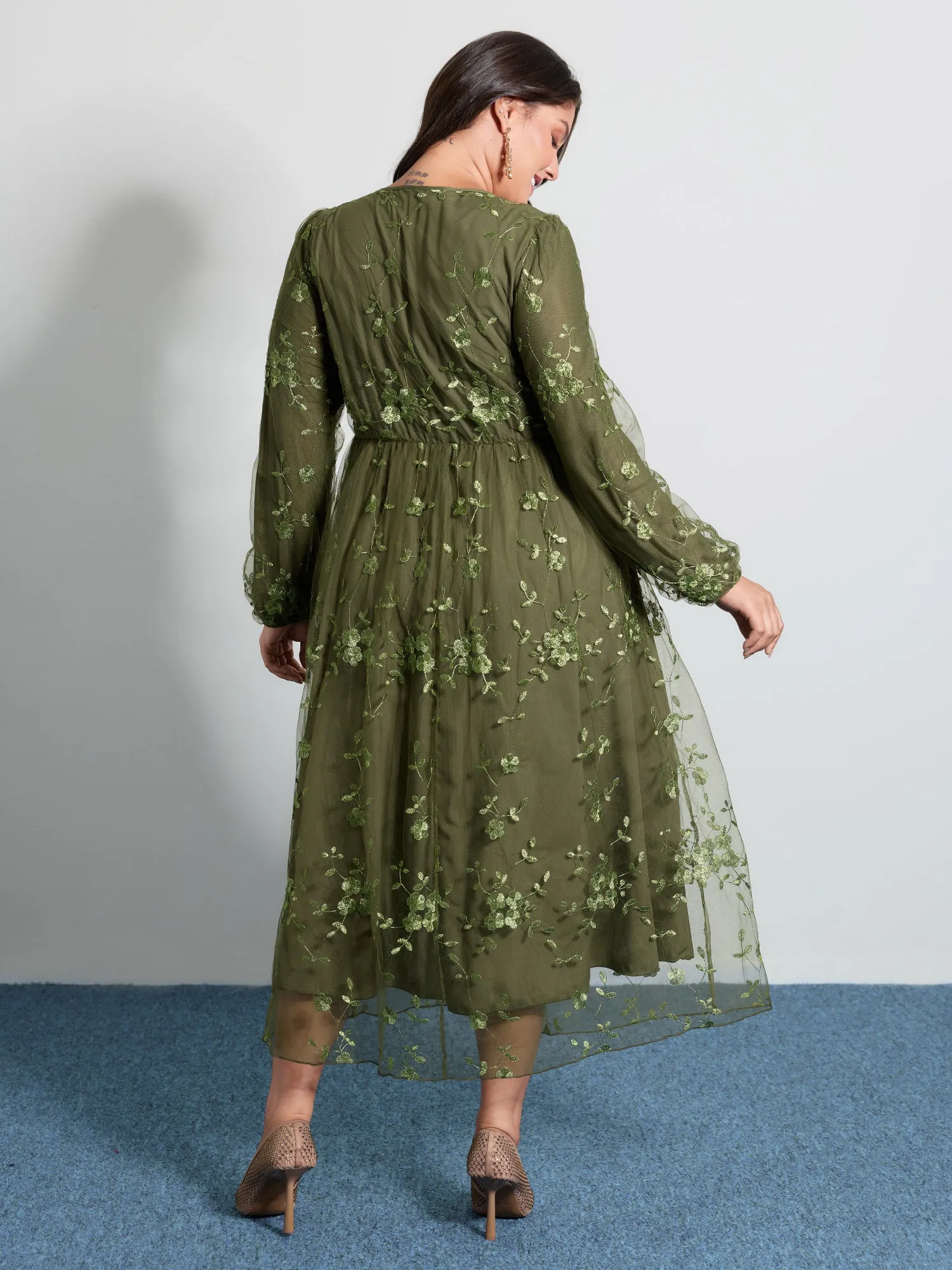 Floral Embroidered Shirred Lined Midi Dress sold by Bloomchic product image thumbnail 5