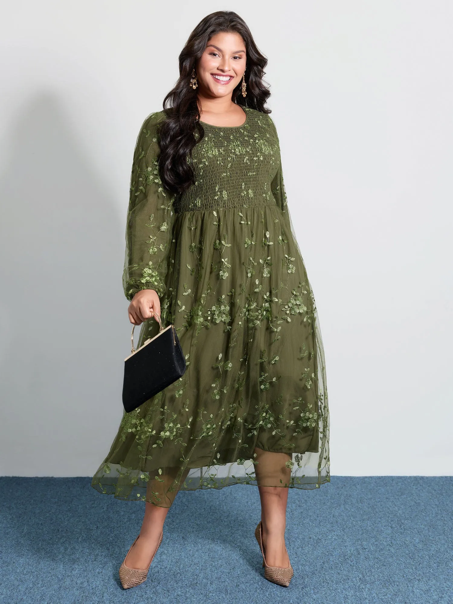 Floral Embroidered Shirred Lined Midi Dress sold by Bloomchic product image thumbnail 3