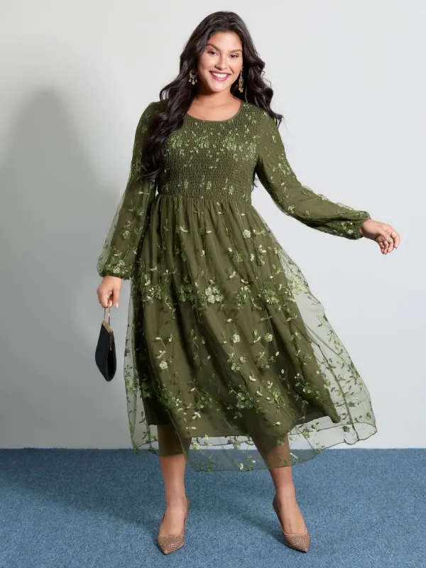 Floral Embroidered Shirred Lined Midi Dress sold by Bloomchic