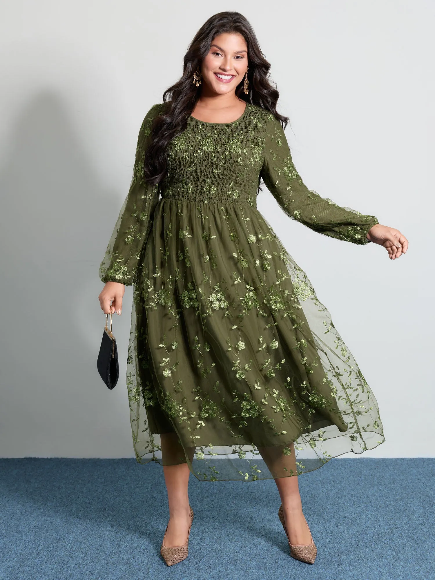 Floral Embroidered Shirred Lined Midi Dress sold by Bloomchic