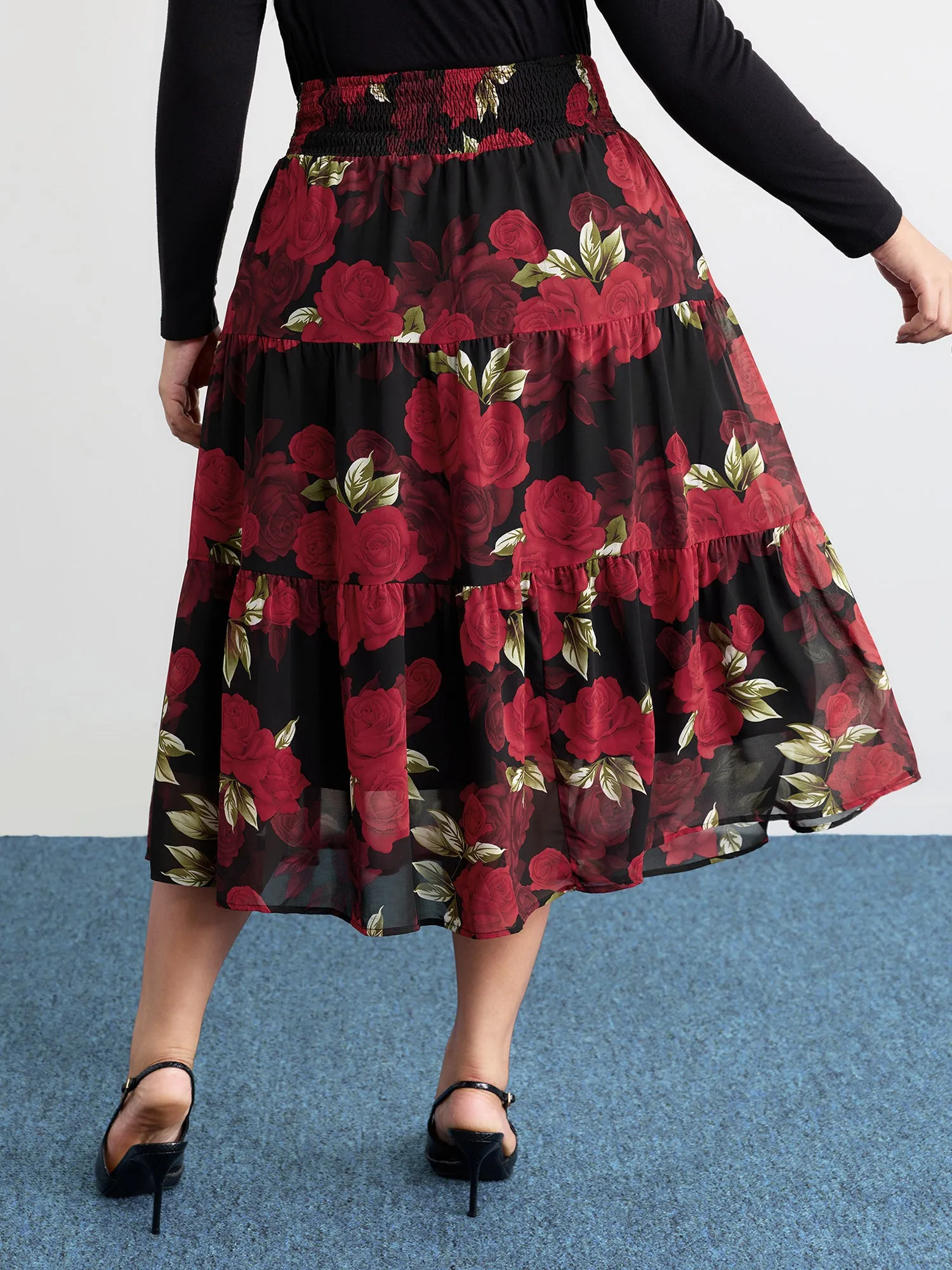 Large Flower Print Wide Waistband Midi Skirt sold by Bloomchic product image thumbnail 4