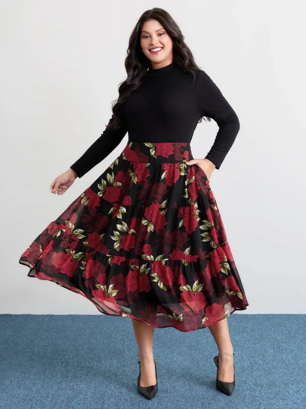 Large Flower Print Wide Waistband Midi Skirt sold by Bloomchic