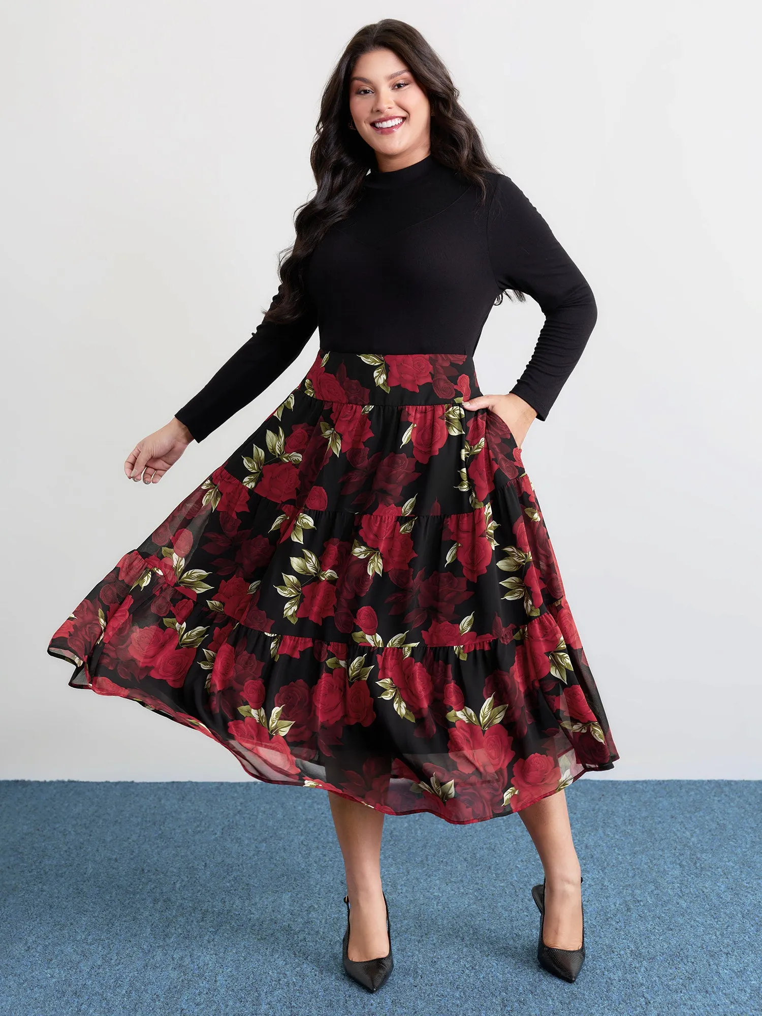 Large Flower Print Wide Waistband Midi Skirt sold by Bloomchic