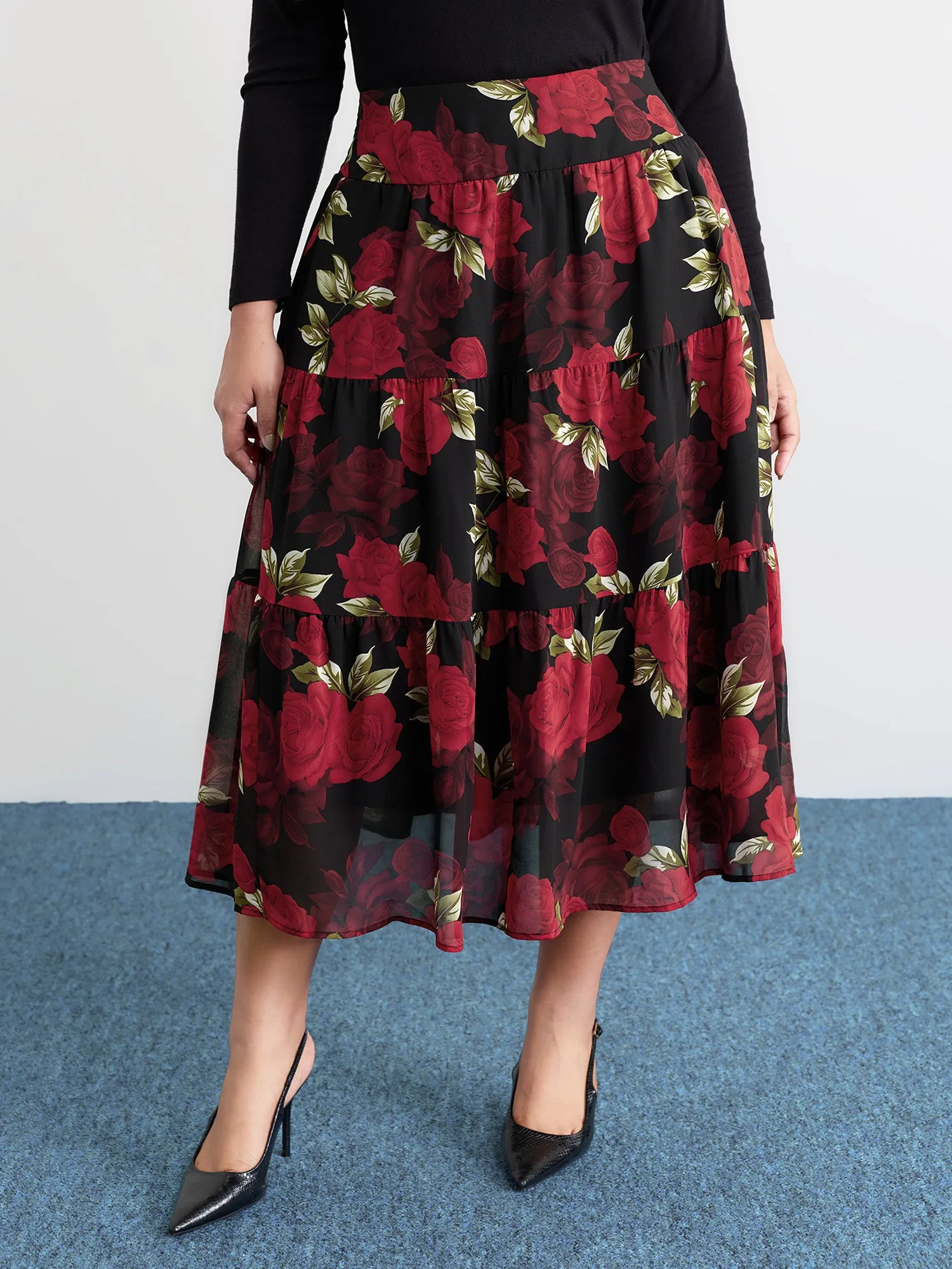 Large Flower Print Wide Waistband Midi Skirt sold by Bloomchic product image thumbnail 2