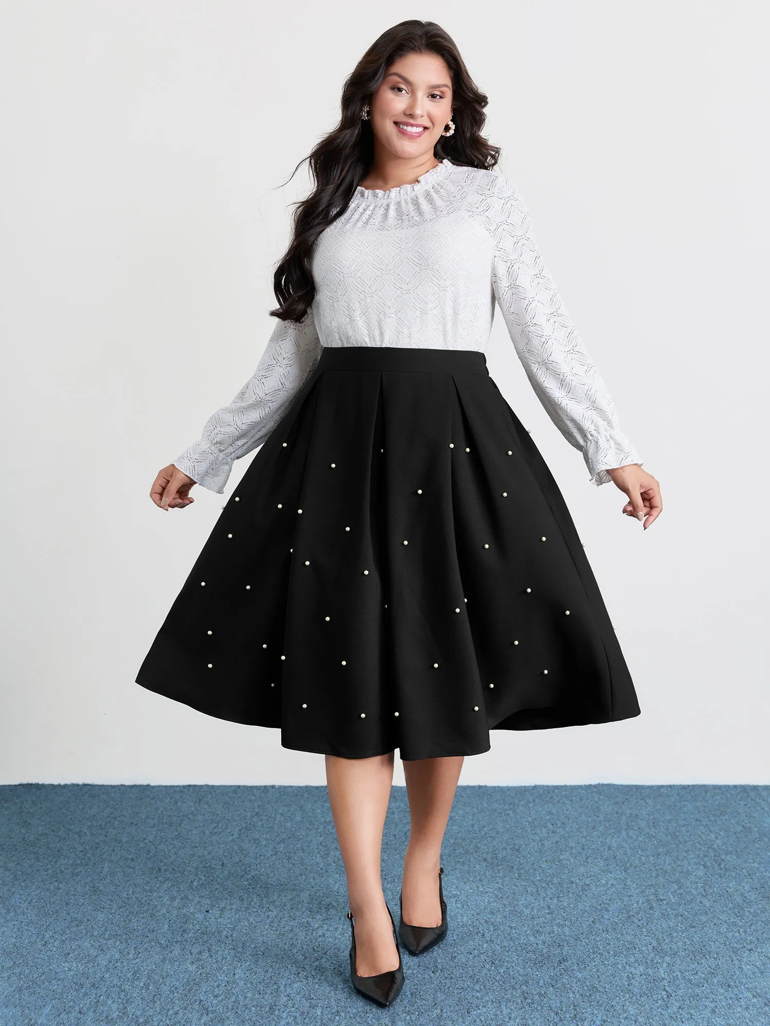 Beadwork Pleated Solid Midi Skirt sold by Bloomchic