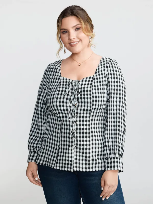 Checkered Crossover Tie Square Neck Blouse sold by Bloomchic