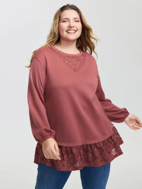 Lace Layered Hem Contrast Sweatshirt sold by Bloomchic