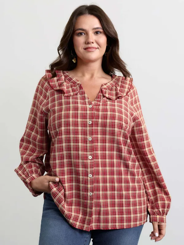 Gingham Print Ruffled Neck Button Blouse sold by Bloomchic