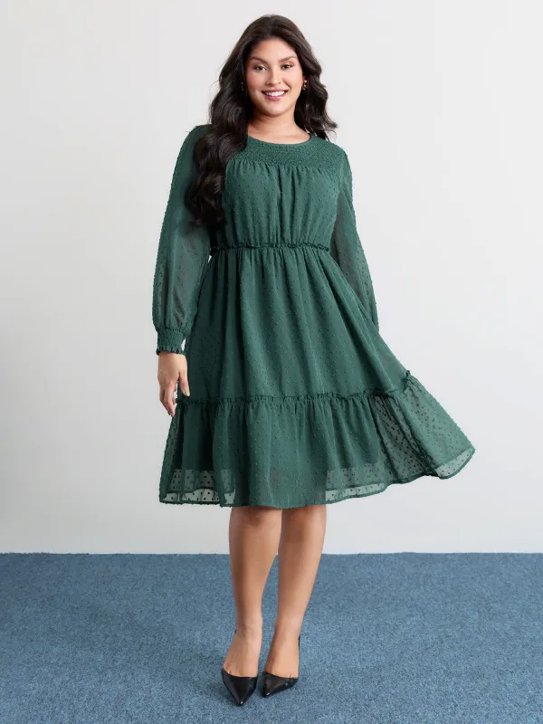 Chiffon Textured Shirred Ruffled Midi Dress sold by Bloomchic
