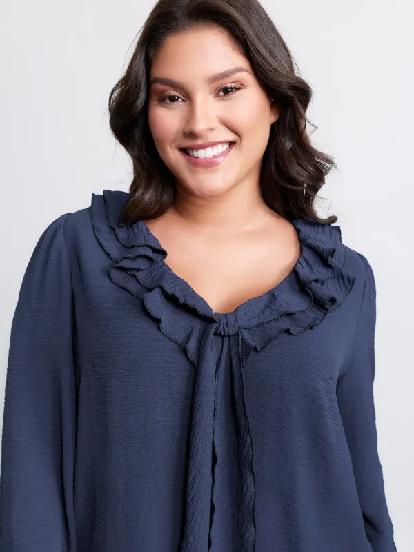 Ruffled Ribbon Neckline Pleated Blouse sold by Bloomchic