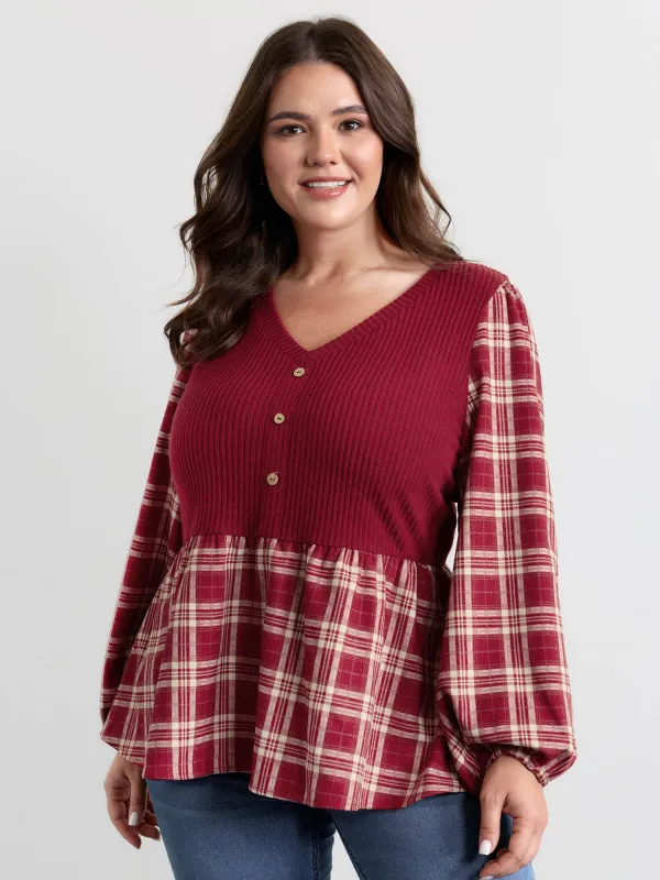 Plaid Layered Color Contrast Blouse sold by Bloomchic