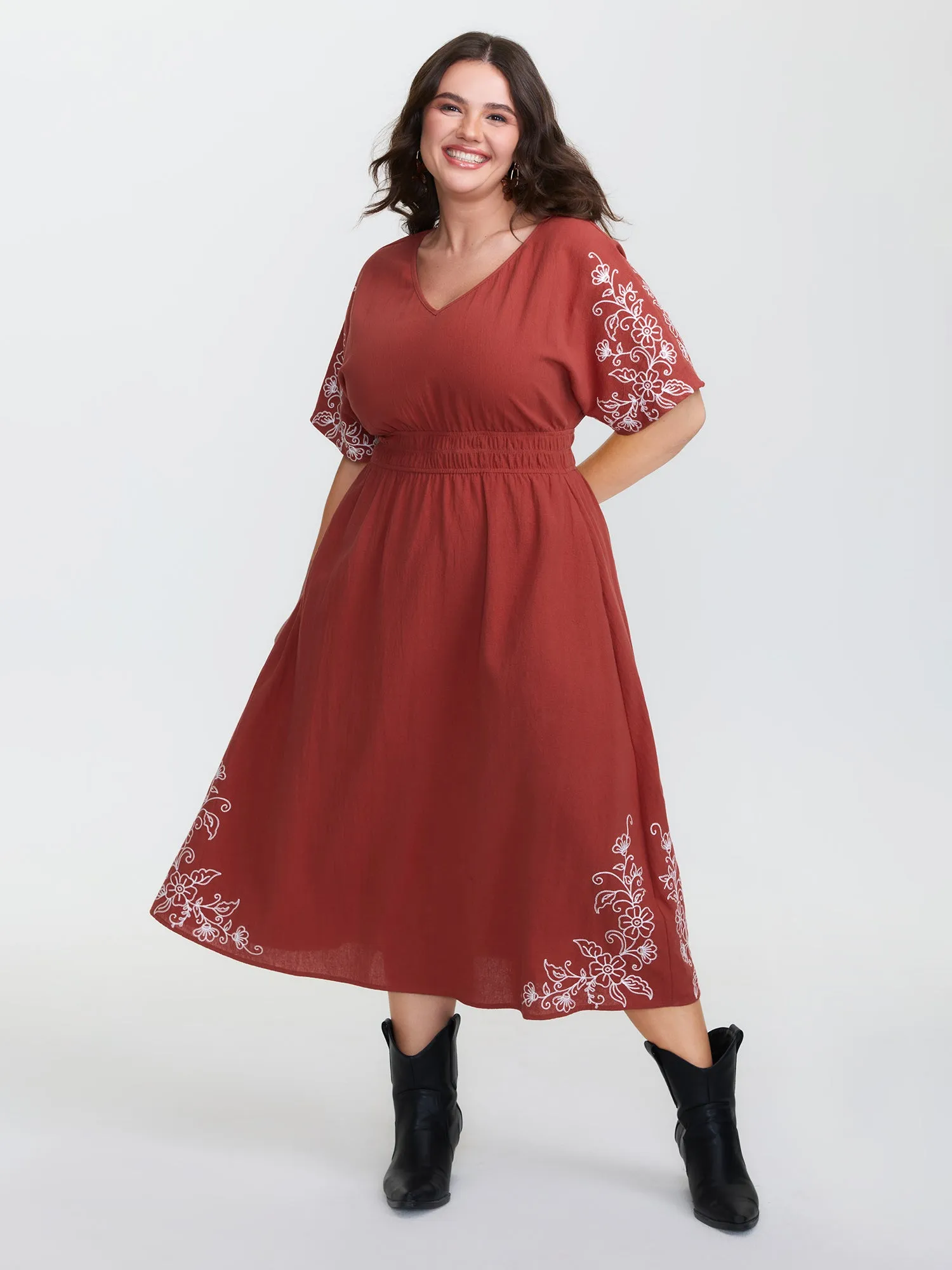 Shirred Waist Embroidered Midi Dress sold by Bloomchic