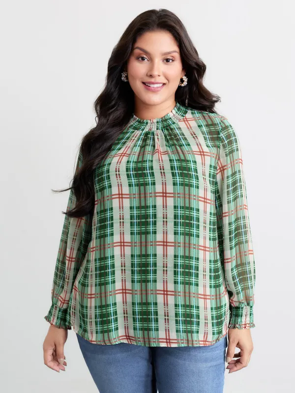 Gingham Chiffon Shirred Blouse sold by Bloomchic