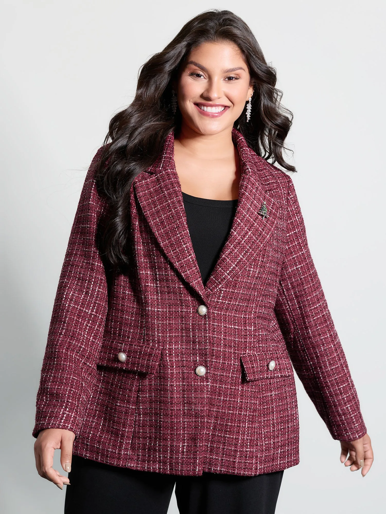 Tweed Brooch Waist-Defining Blazer sold by Bloomchic