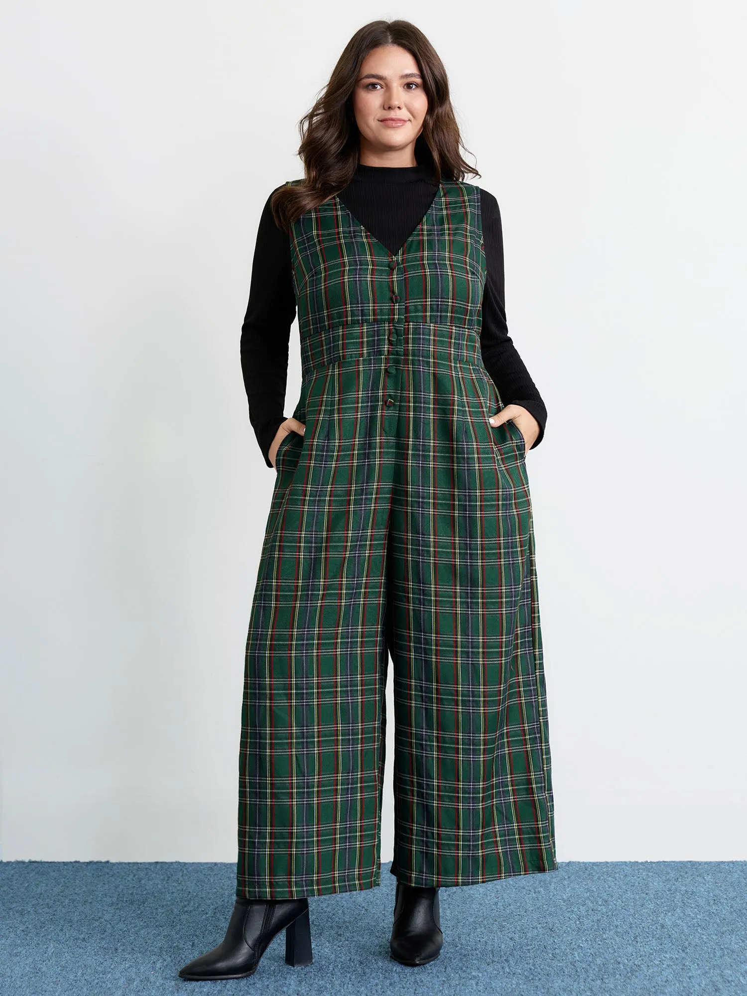 Plaid Print V-Neck Straight-Leg Jumpsuit sold by Bloomchic