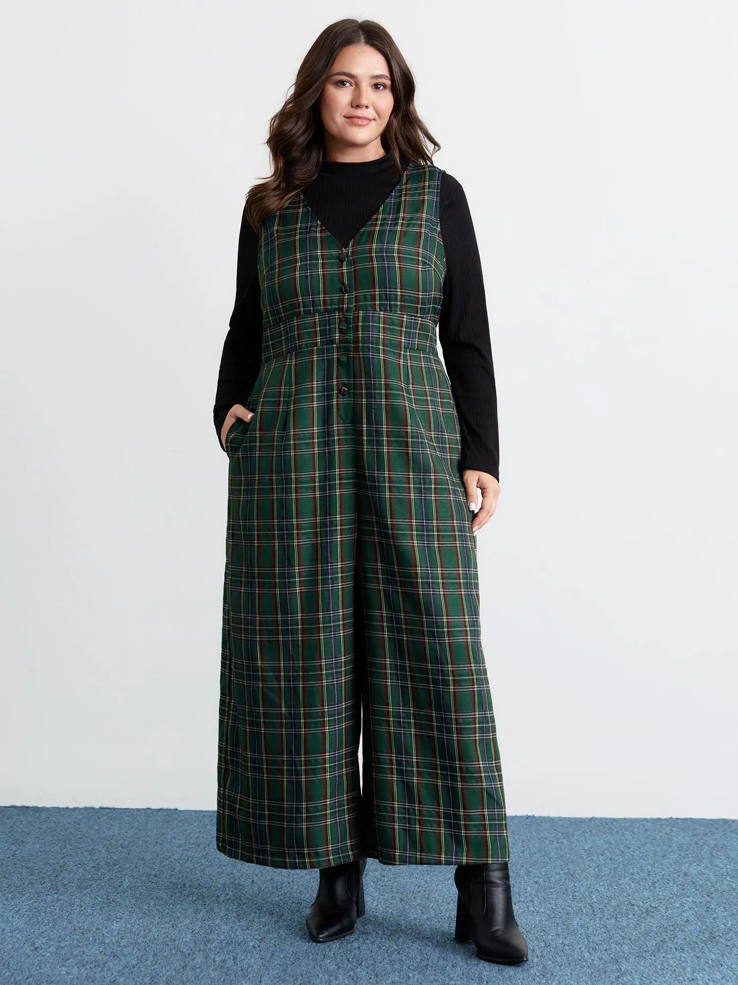Plaid Print V-Neck Straight-Leg Jumpsuit sold by Bloomchic product image thumbnail 3