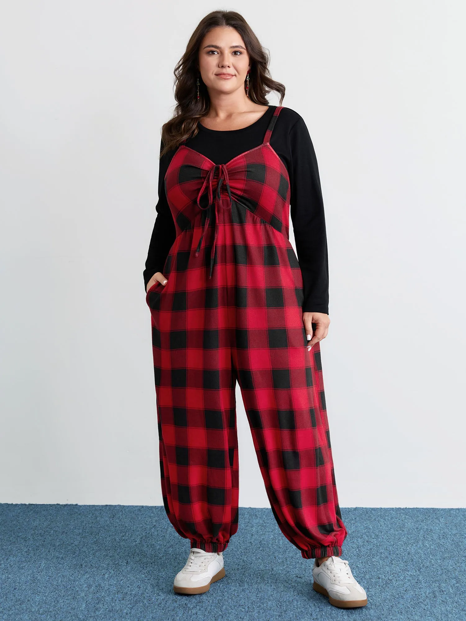 Checkered Shirred Drawstring Pockets Jumpsuit sold by Bloomchic product image thumbnail 3