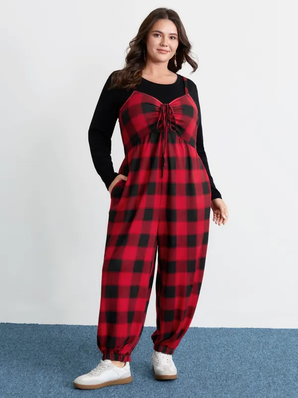 Checkered Shirred Drawstring Pockets Jumpsuit sold by Bloomchic