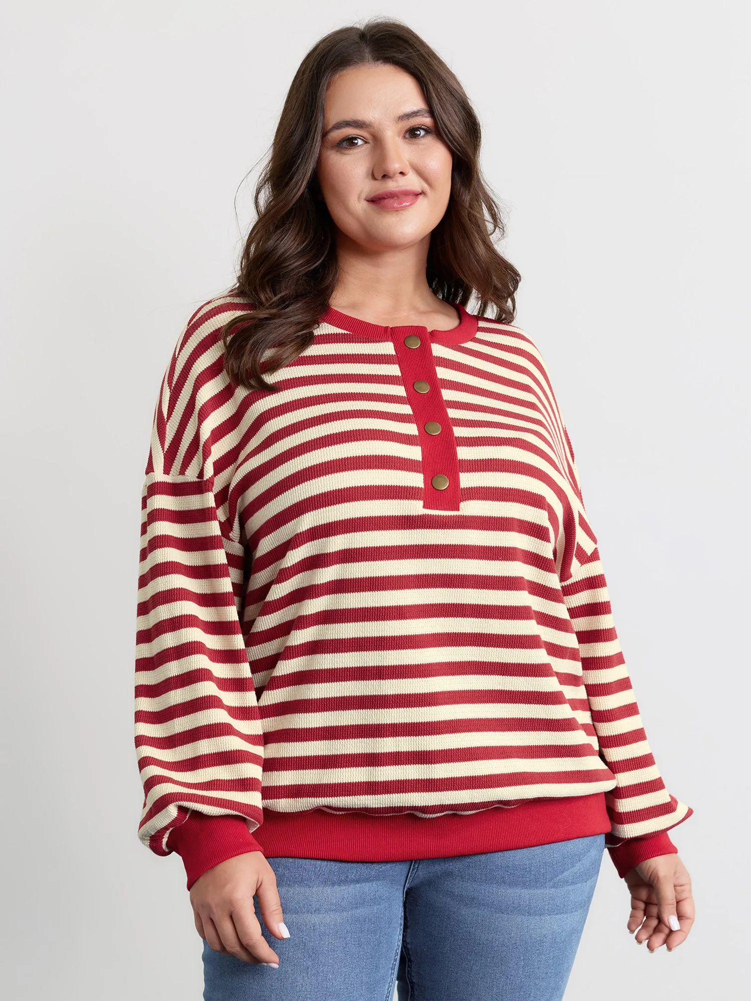 Textured Stripe Button Placket Sweatshirt sold by Bloomchic