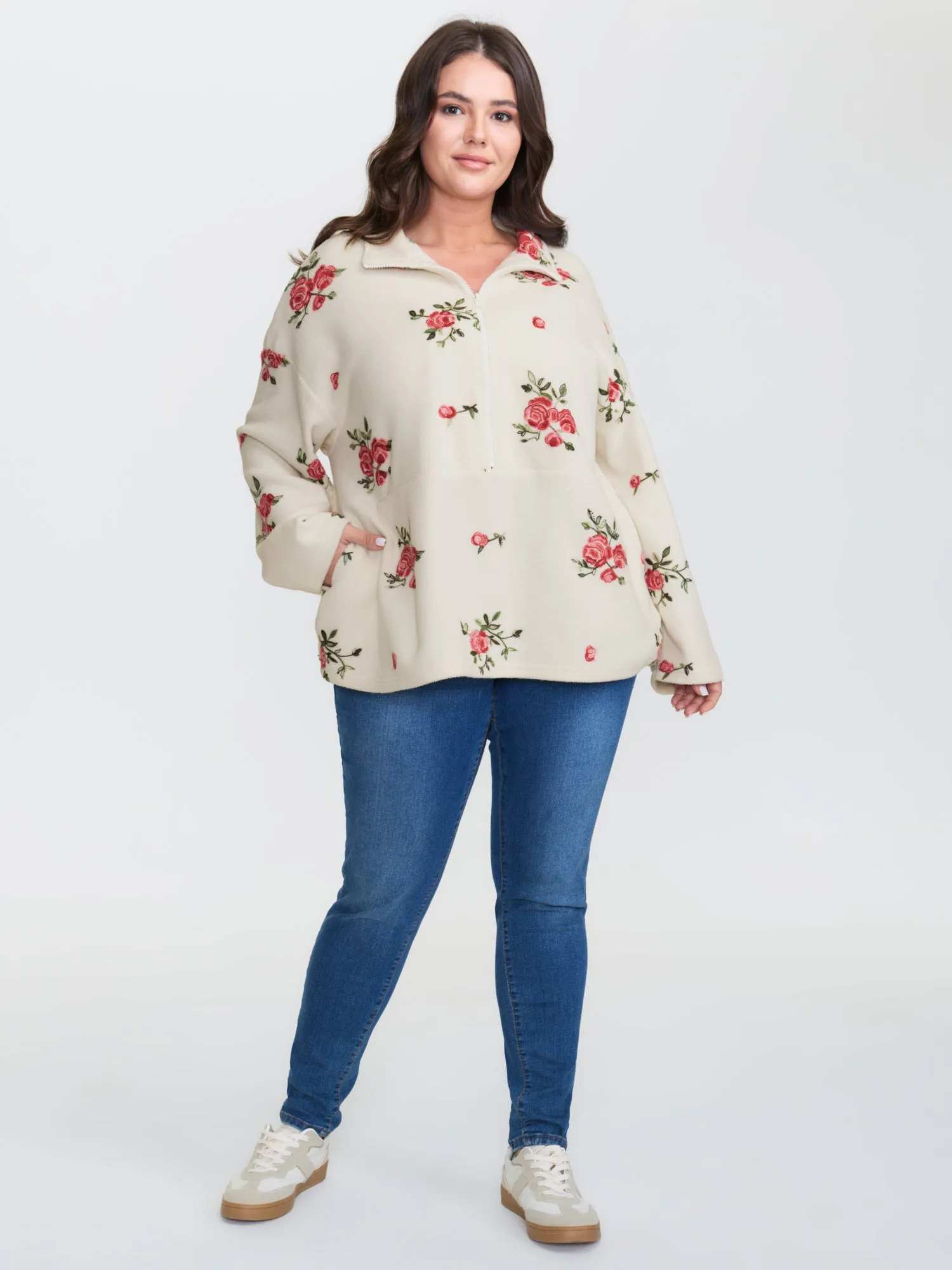 Fleece Floral Embroidered Zipper Sweatshirt sold by Bloomchic product image thumbnail 3