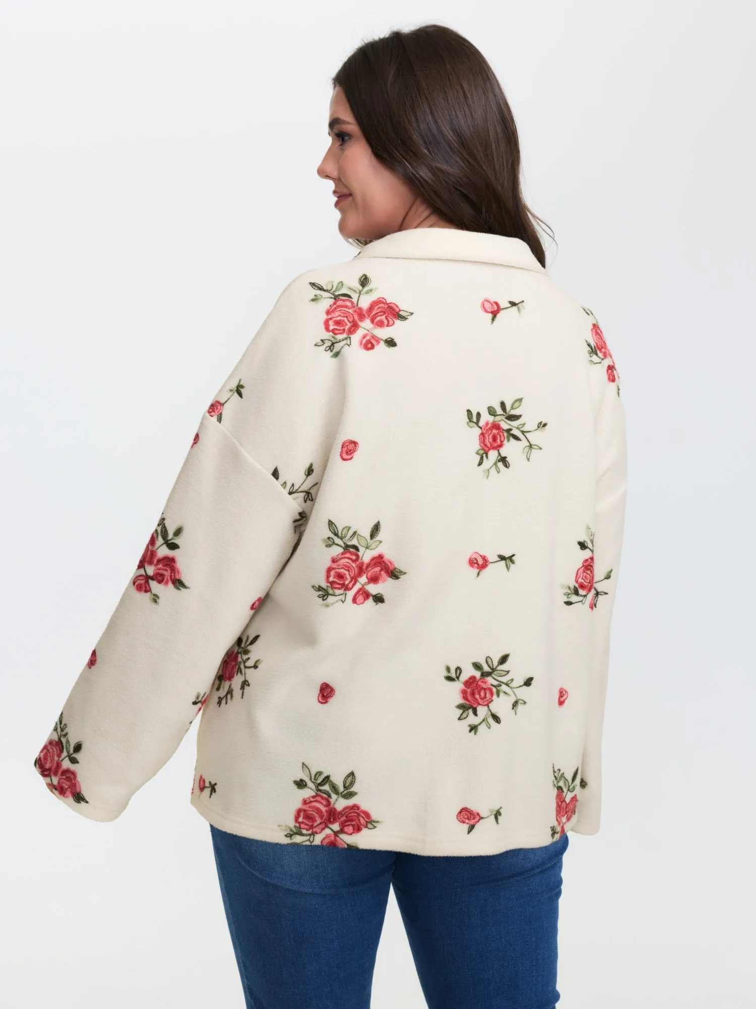 Fleece Floral Embroidered Zipper Sweatshirt sold by Bloomchic product image thumbnail 5