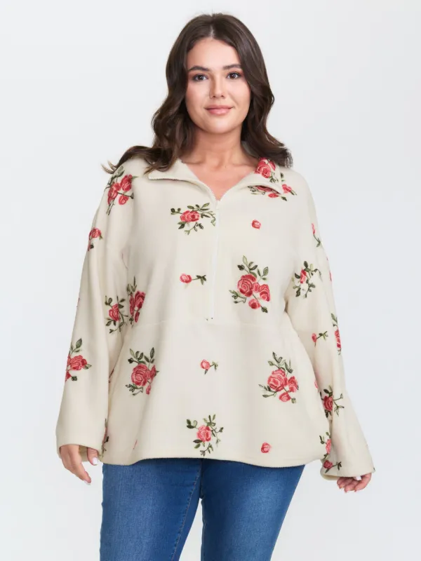 Fleece Floral Embroidered Zipper Sweatshirt sold by Bloomchic