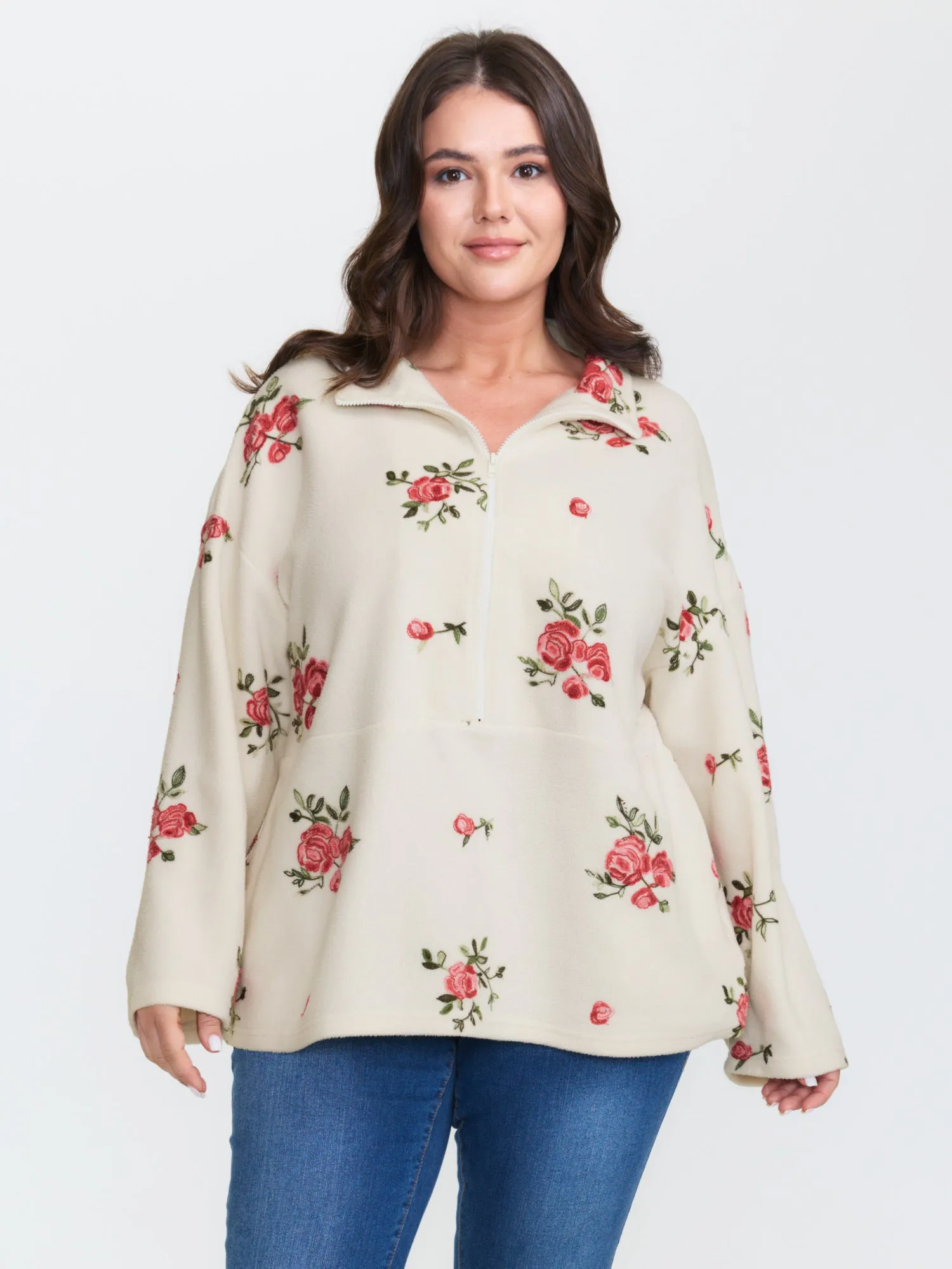 Fleece Floral Embroidered Zipper Sweatshirt sold by Bloomchic