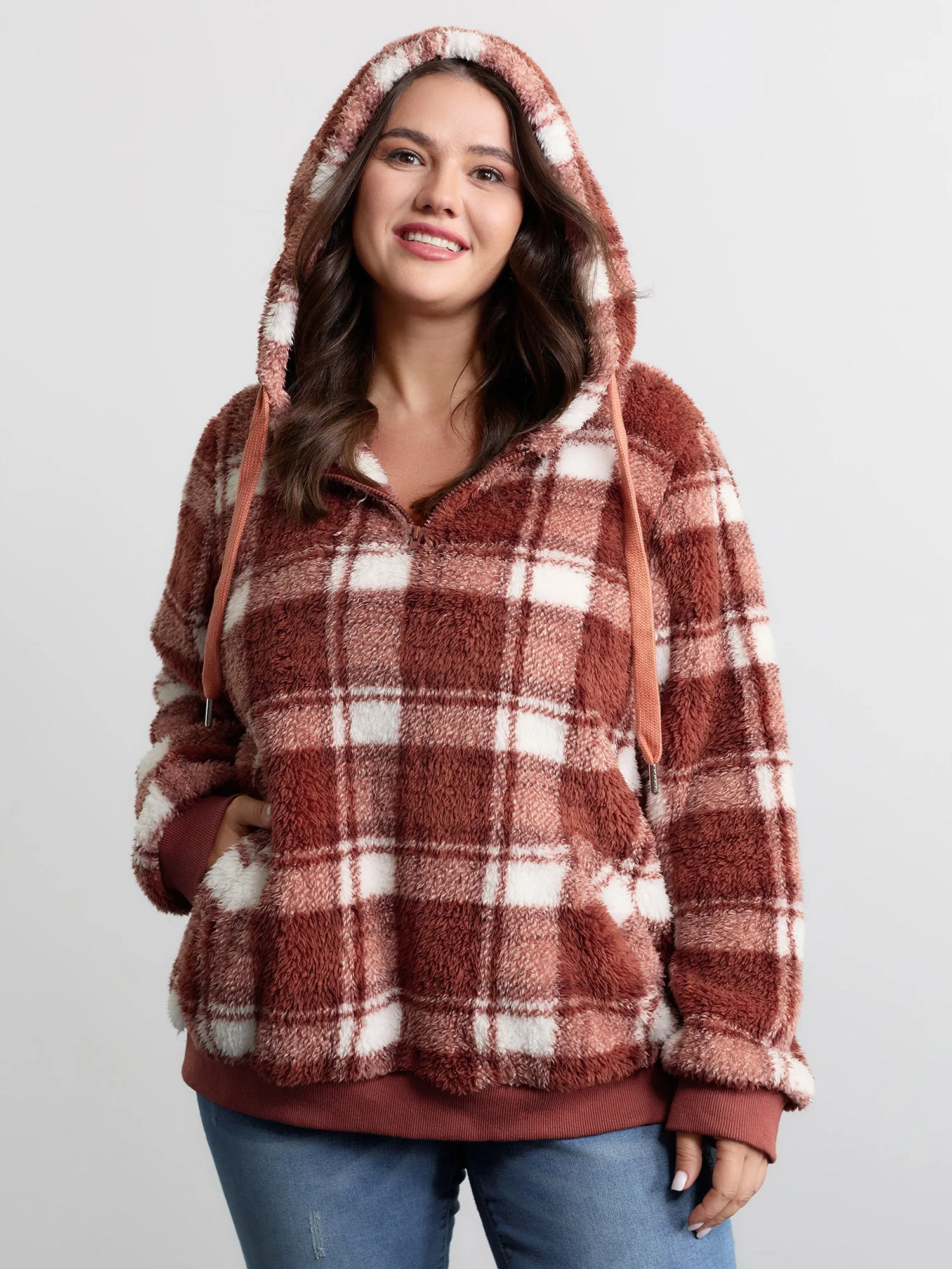 Plaid Plush Slant Pockets Hoodie sold by Bloomchic product image thumbnail 4