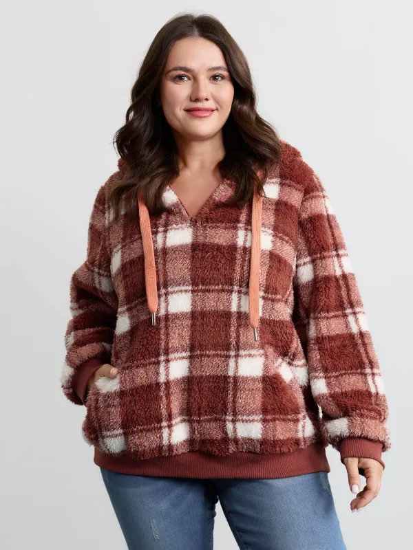 Plaid Plush Slant Pockets Hoodie sold by Bloomchic