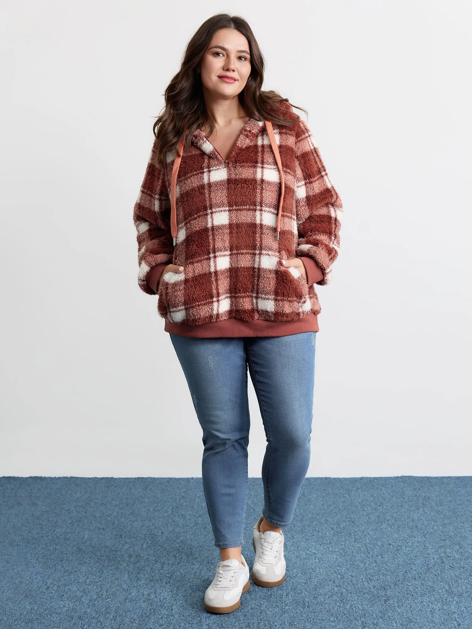 Plaid Plush Slant Pockets Hoodie sold by Bloomchic product image thumbnail 3