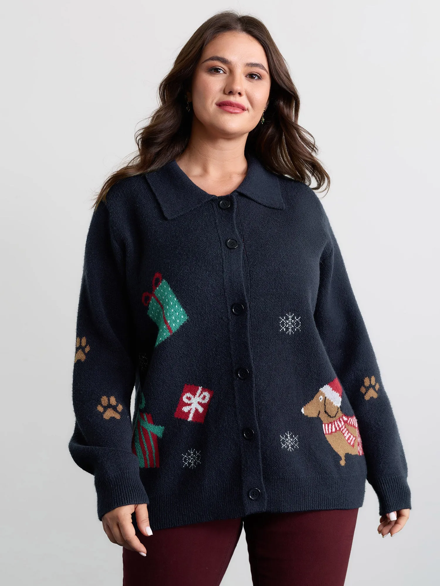 Holiday Pattern Collar Button Knit Cardigan sold by Bloomchic