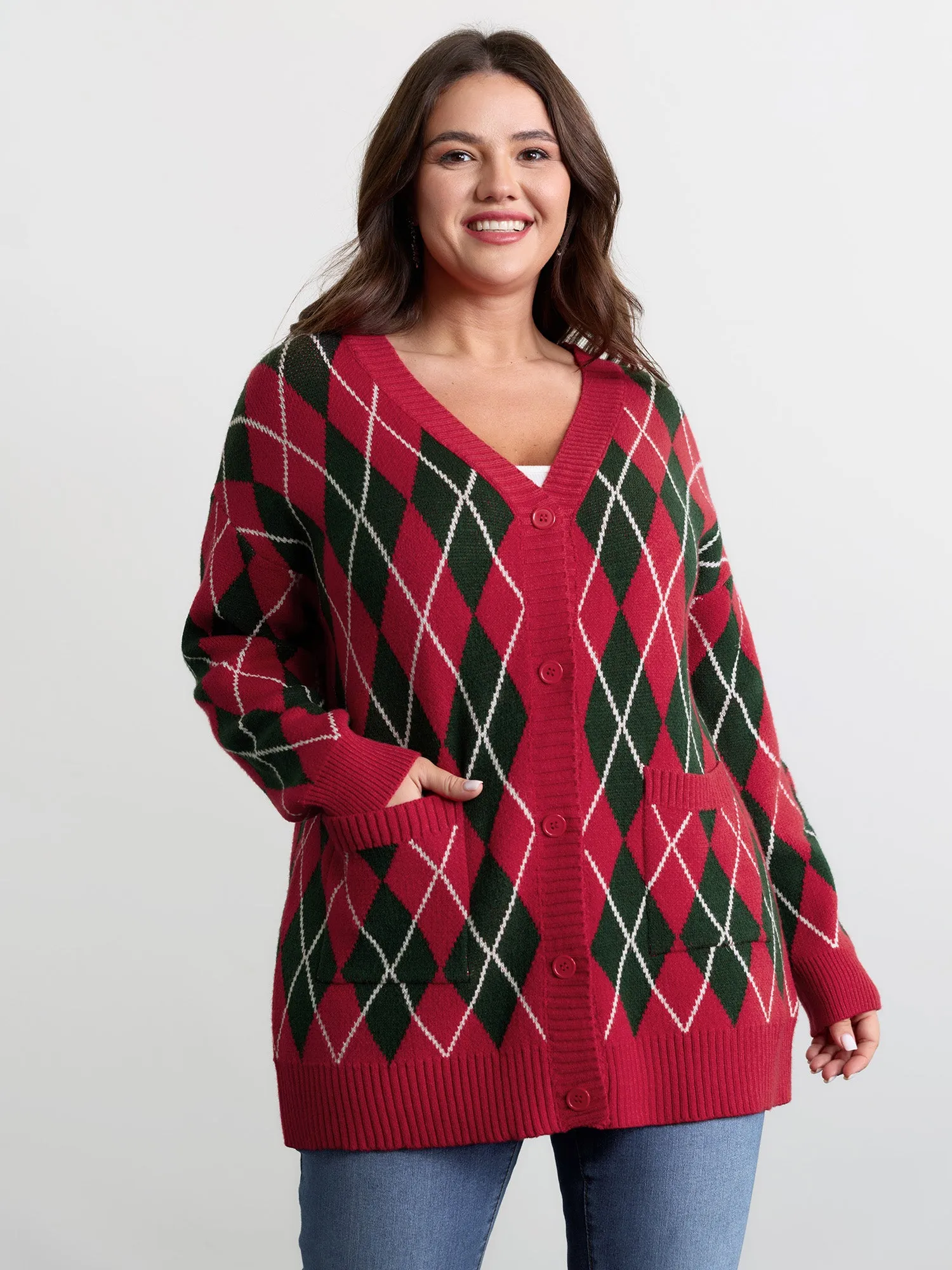 Holiday Checkered Jacquard Knit Cardigan sold by Bloomchic
