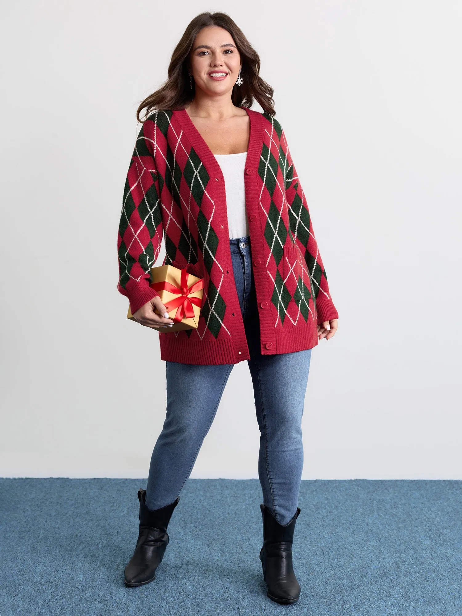 Holiday Checkered Jacquard Knit Cardigan sold by Bloomchic product image thumbnail 3