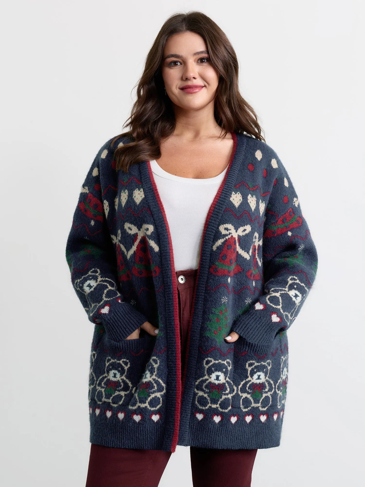Supersoft Festive Pattern Jacquard Pockets Knit Cardigan sold by Bloomchic