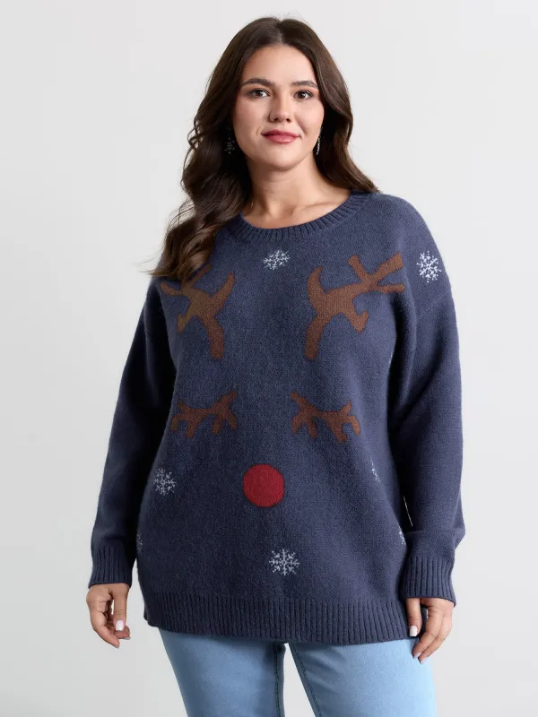 Reindeer Snowy Round Neck Pullover sold by Bloomchic