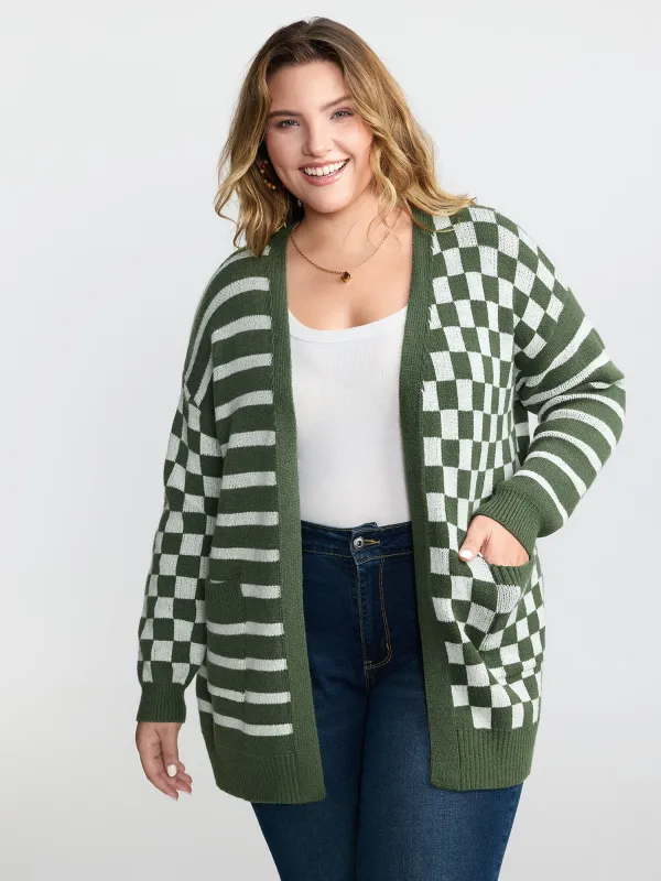 Supersoft Stripe Checkered Pockets Knit Cardigan sold by Bloomchic
