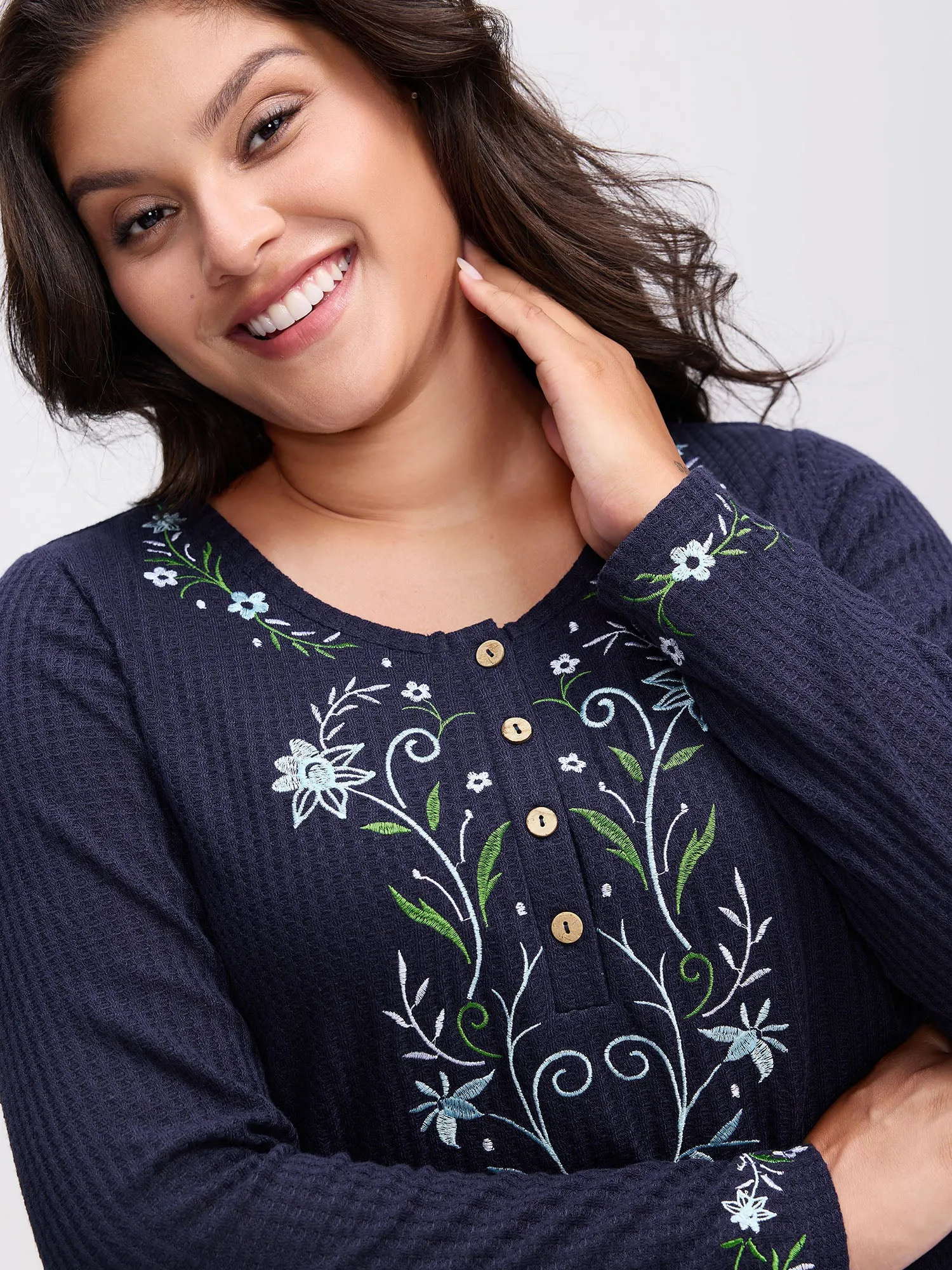 Floral Embroidery Textured Round Neck T-Shirt sold by Bloomchic product image thumbnail 2