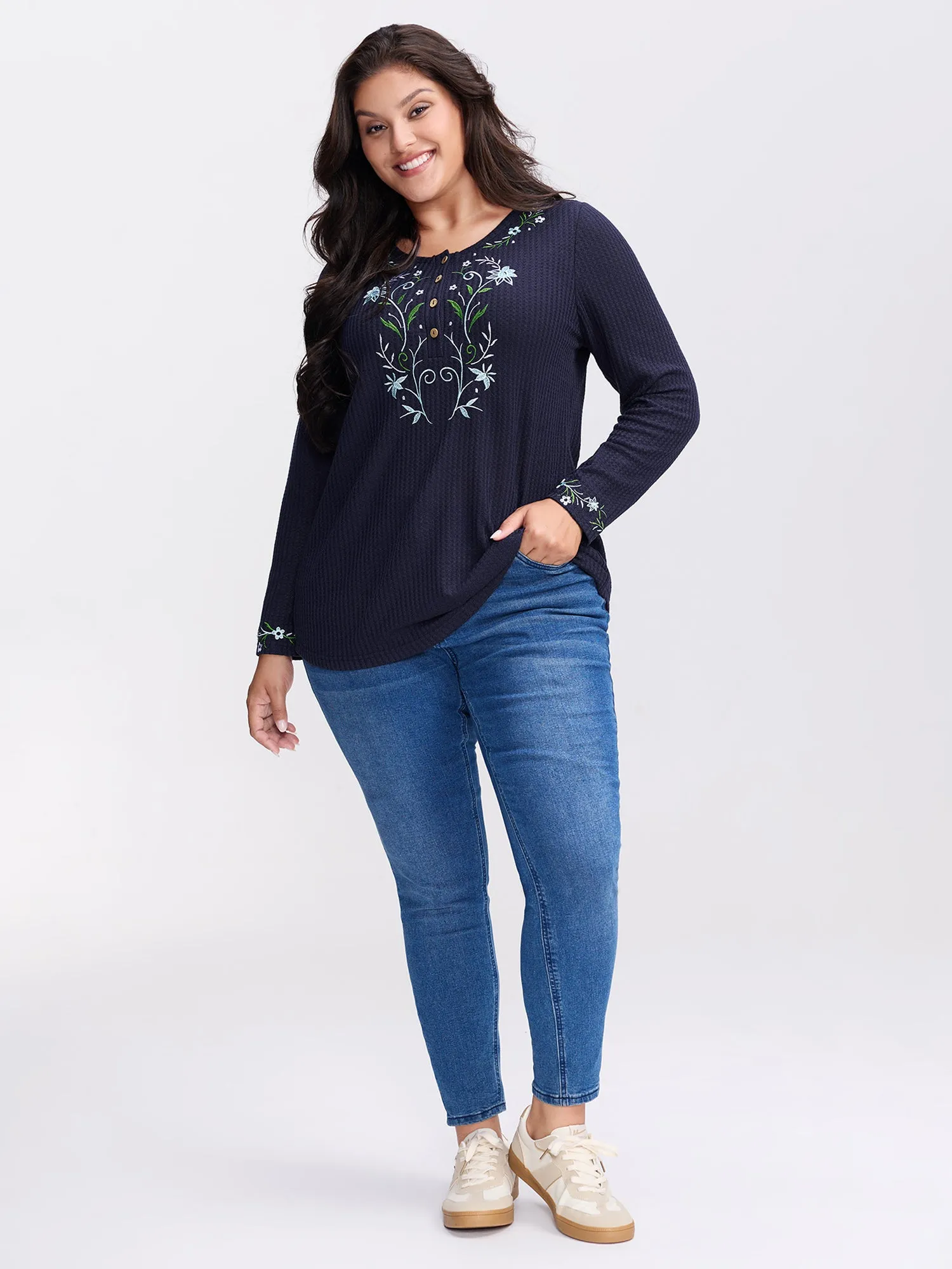 Floral Embroidery Textured Round Neck T-Shirt sold by Bloomchic product image thumbnail 3