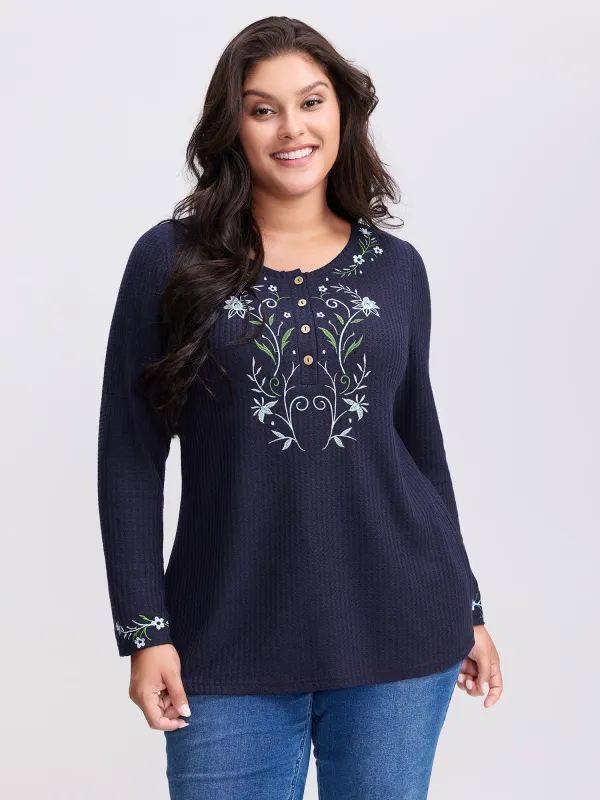 Floral Embroidery Textured Round Neck T-Shirt sold by Bloomchic