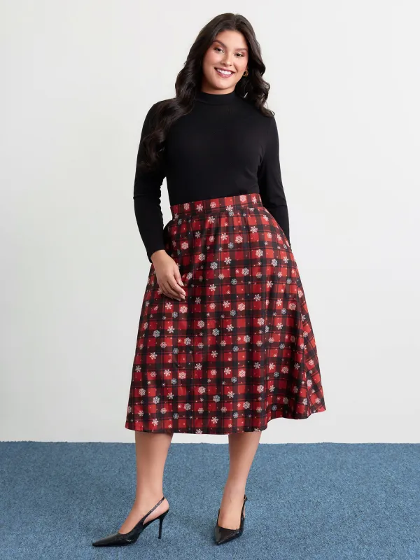 Checkered Snowflake Pattern Midi Skirt sold by Bloomchic