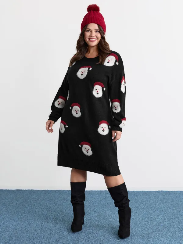 Santa Claus Print Embroidered Textured Sweater Dress sold by Bloomchic