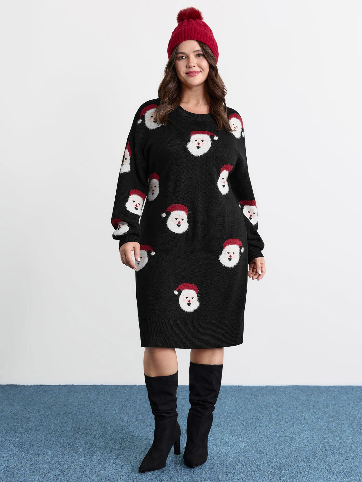 Santa Claus Print Embroidered Textured Sweater Dress sold by Bloomchic product image thumbnail 3