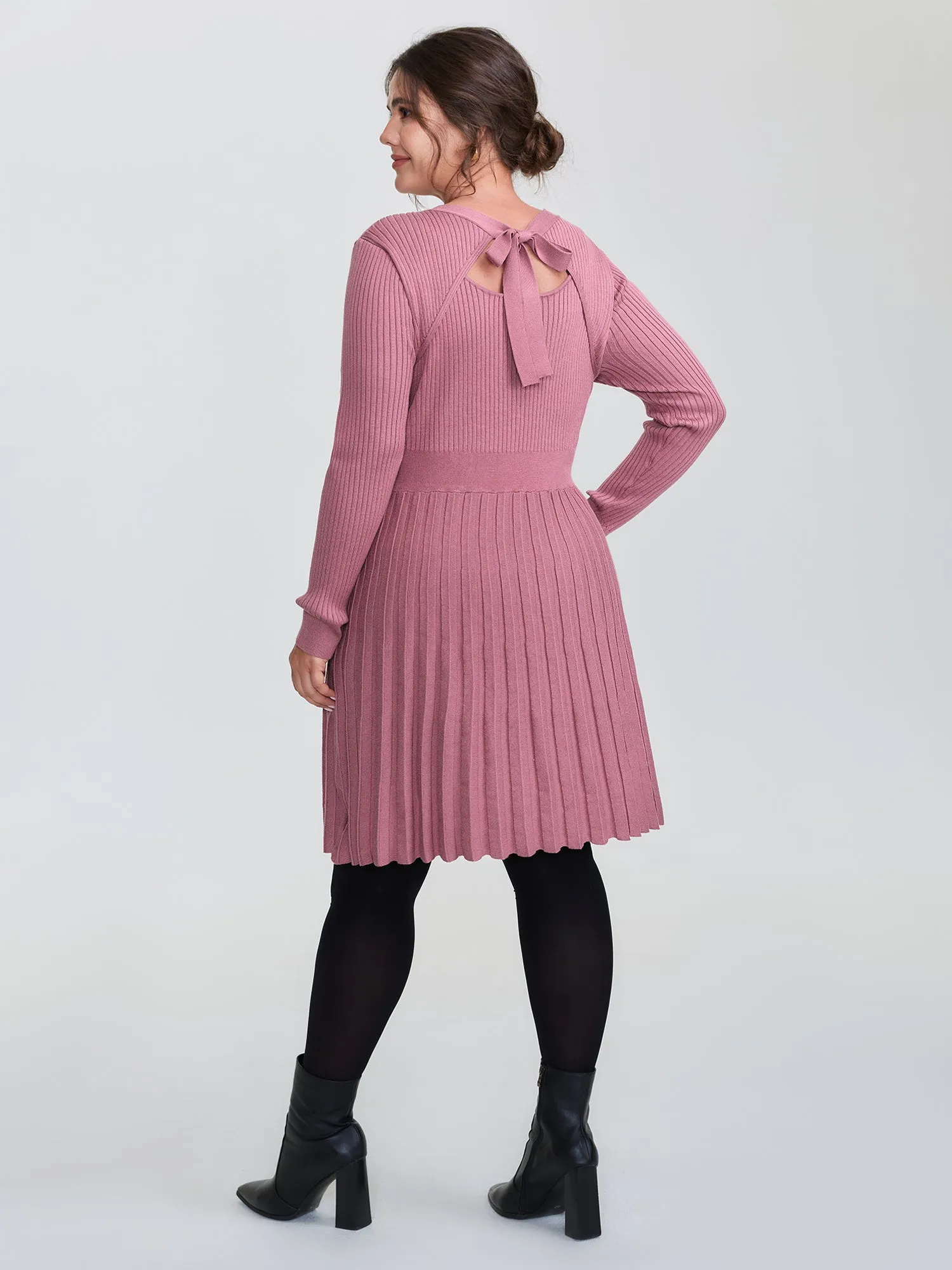 Ribbed Cinched-Waist Bowtie Sweater Dress sold by Bloomchic product image thumbnail 4